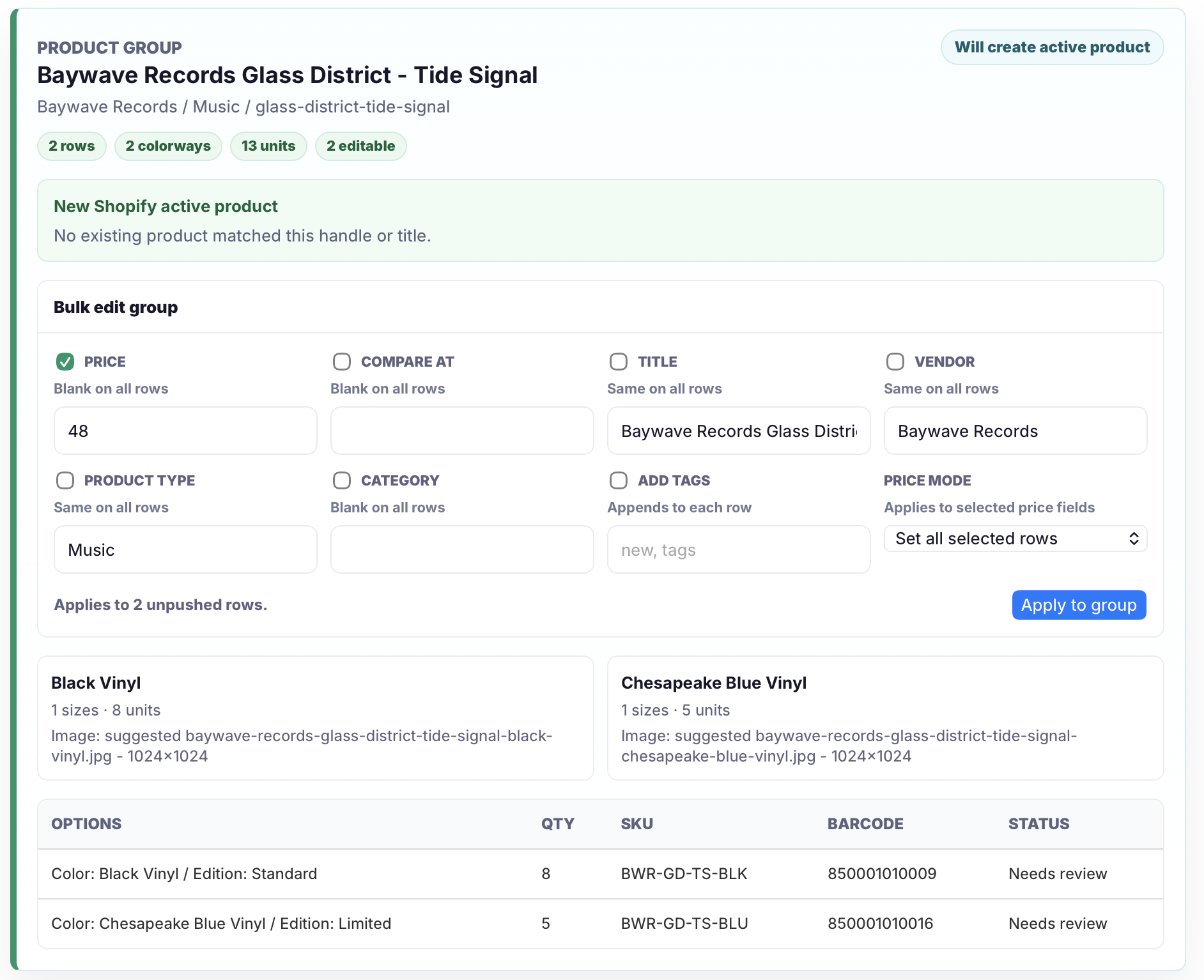 Catalog Intake bulk edit group screen setting price to 48 for two rows.