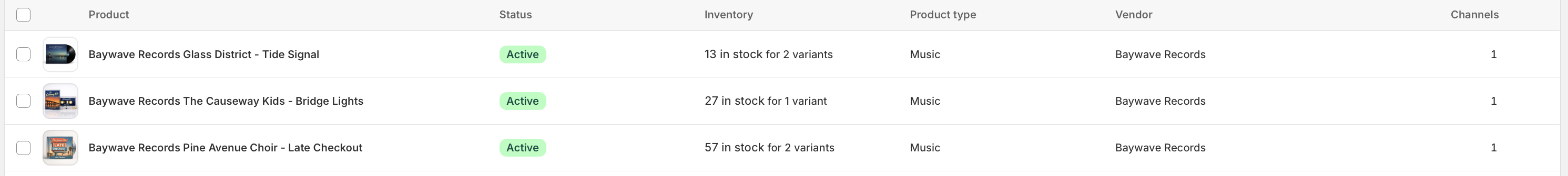 Shopify products list showing Baywave Records active products with updated inventory, product type, vendor, channels, and images.
