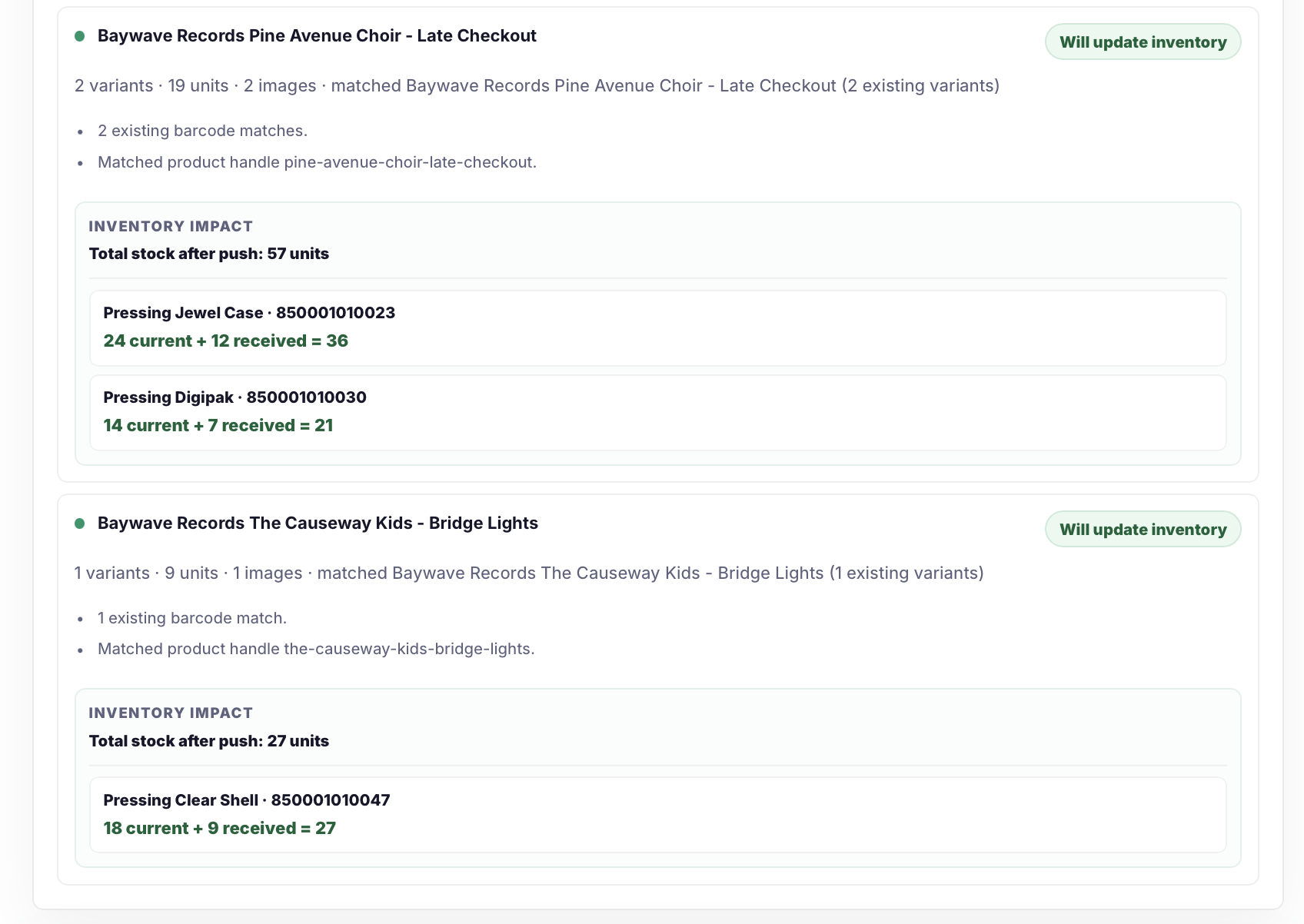 Catalog Intake push page showing existing Baywave Records products that will update inventory by barcode with current stock plus received stock.
