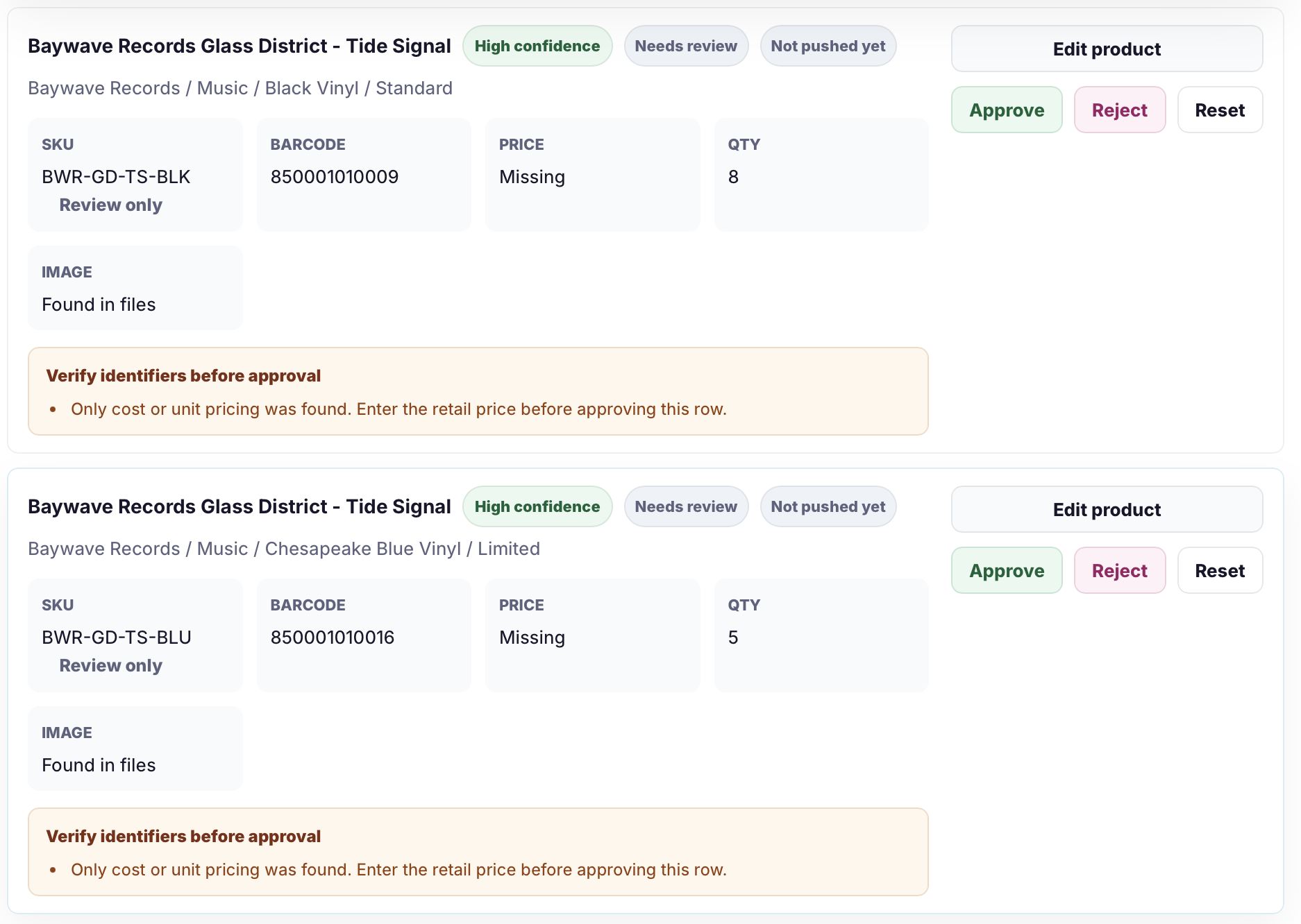 Catalog Intake review screen showing missing price warnings because only cost pricing was found.