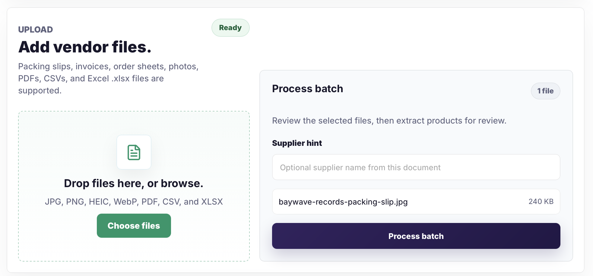 Catalog Intake upload screen with a Baywave Records packing slip selected for processing.