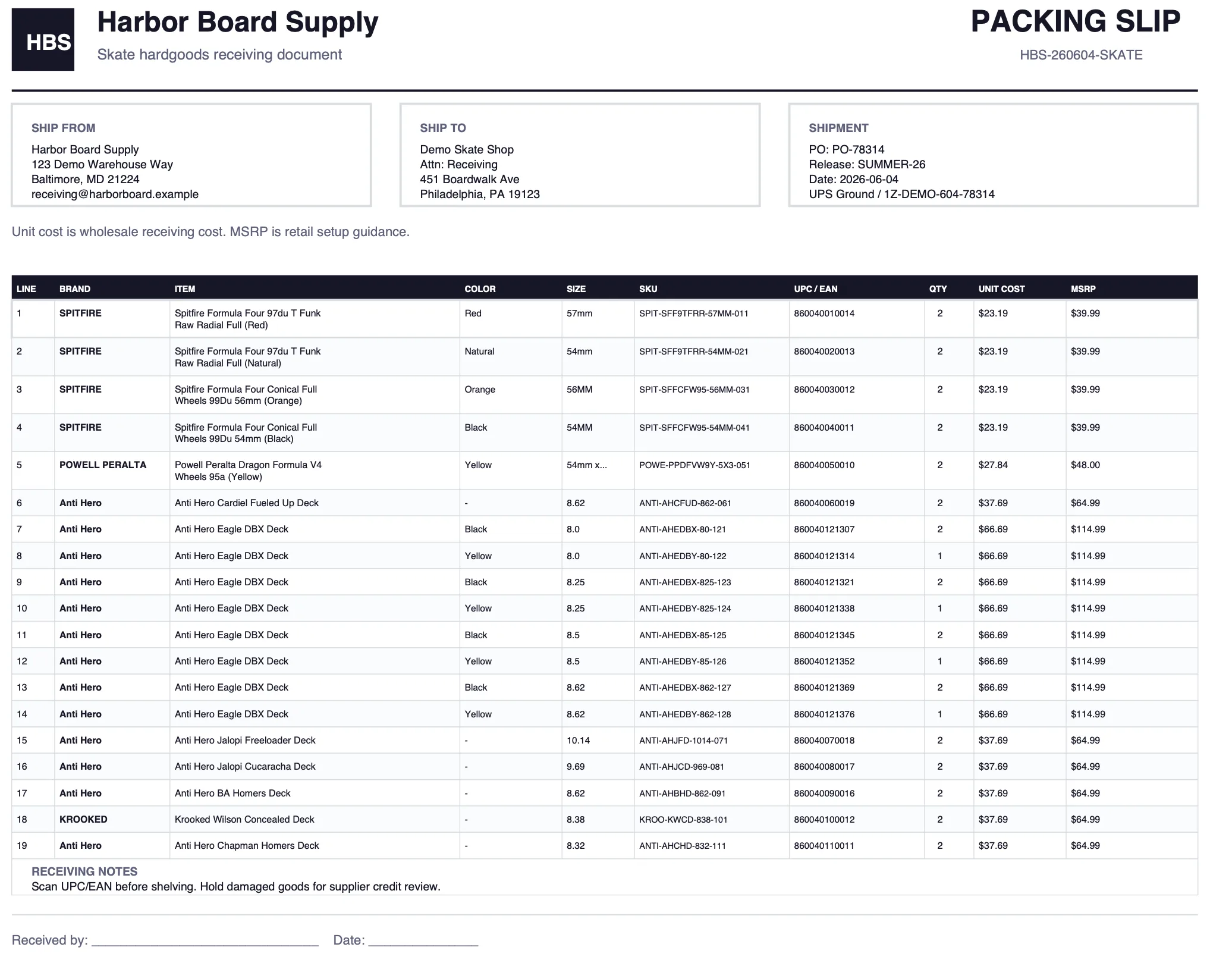 Supplier packing slip source file before Shopify product import.
