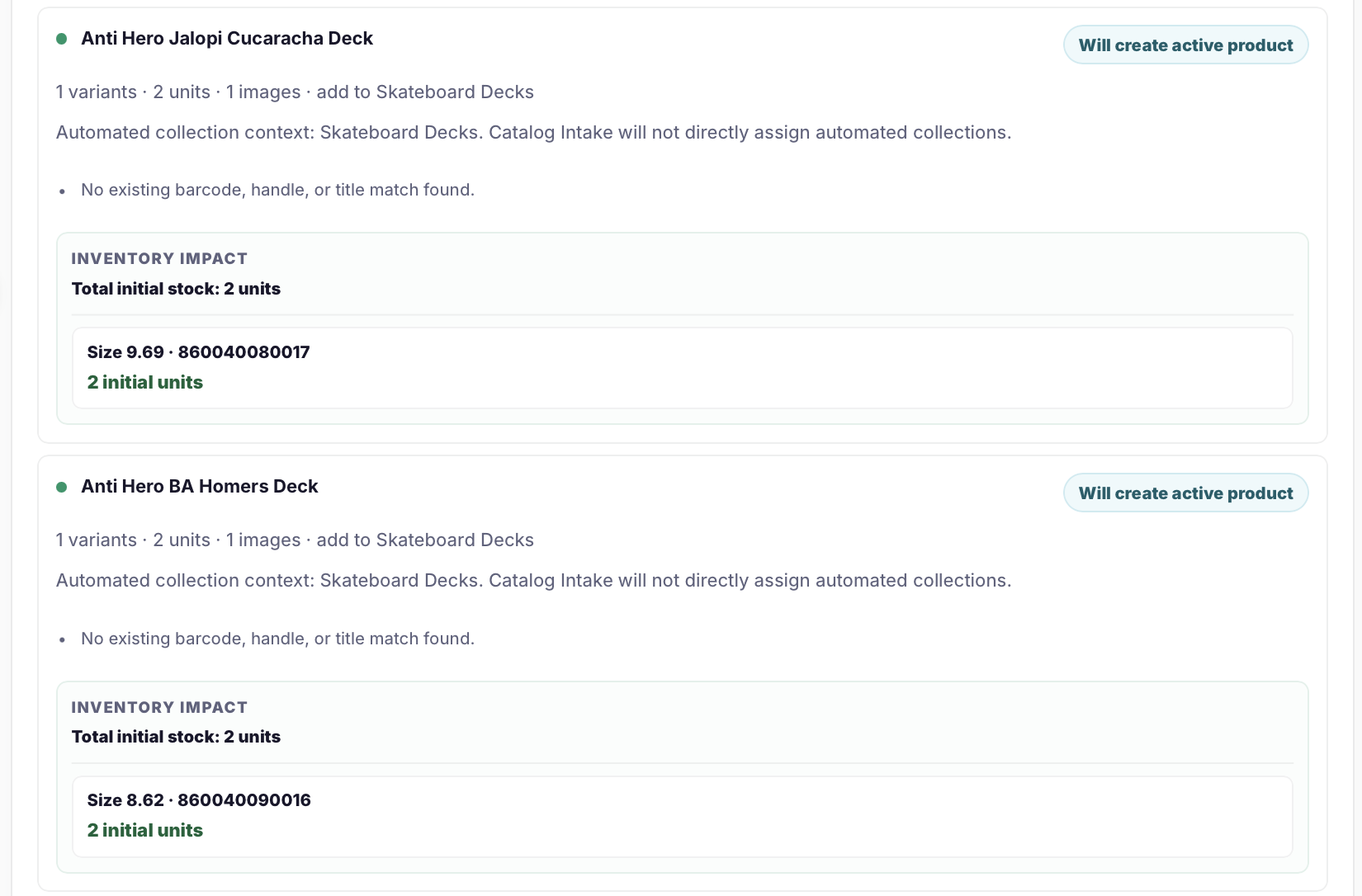 Catalog Intake push page showing unmatched supplier rows that will create products rather than update existing Shopify inventory.