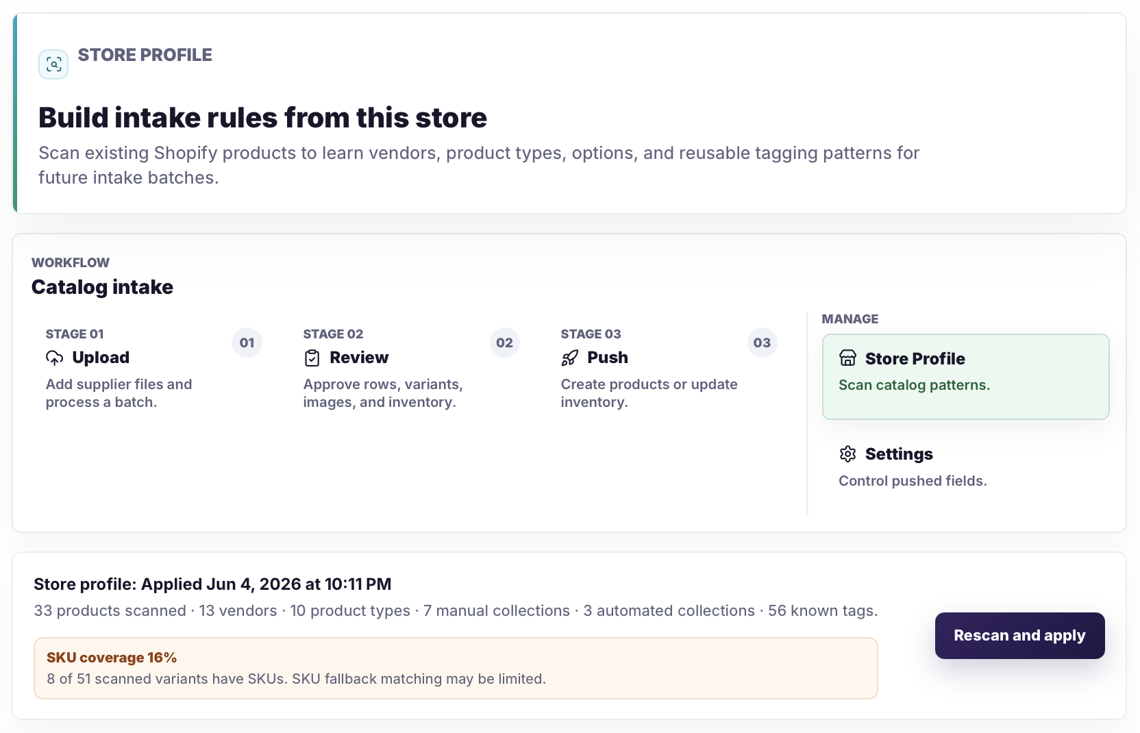 Catalog Intake Store Profile overview showing scanned products, vendors, product types, collections, tags, SKU coverage, and barcode coverage.