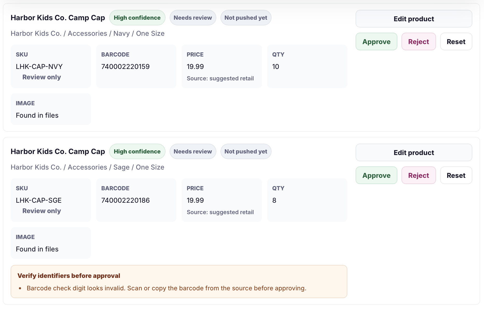 Catalog Intake review screen warning that a barcode check digit looks invalid.