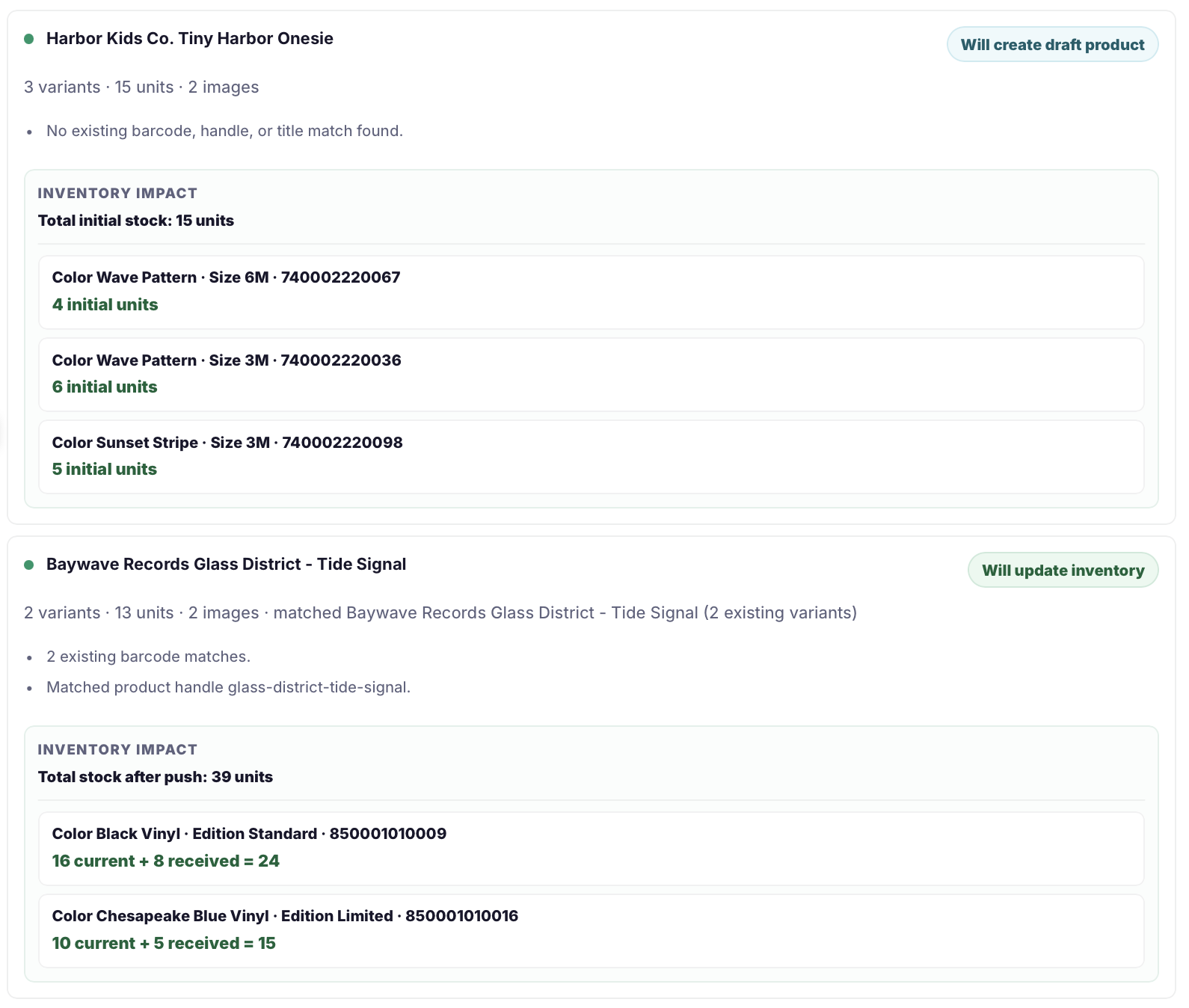 Catalog Intake push readiness screen showing draft products, existing products, inventory updates, variants, images, and blocked rows.