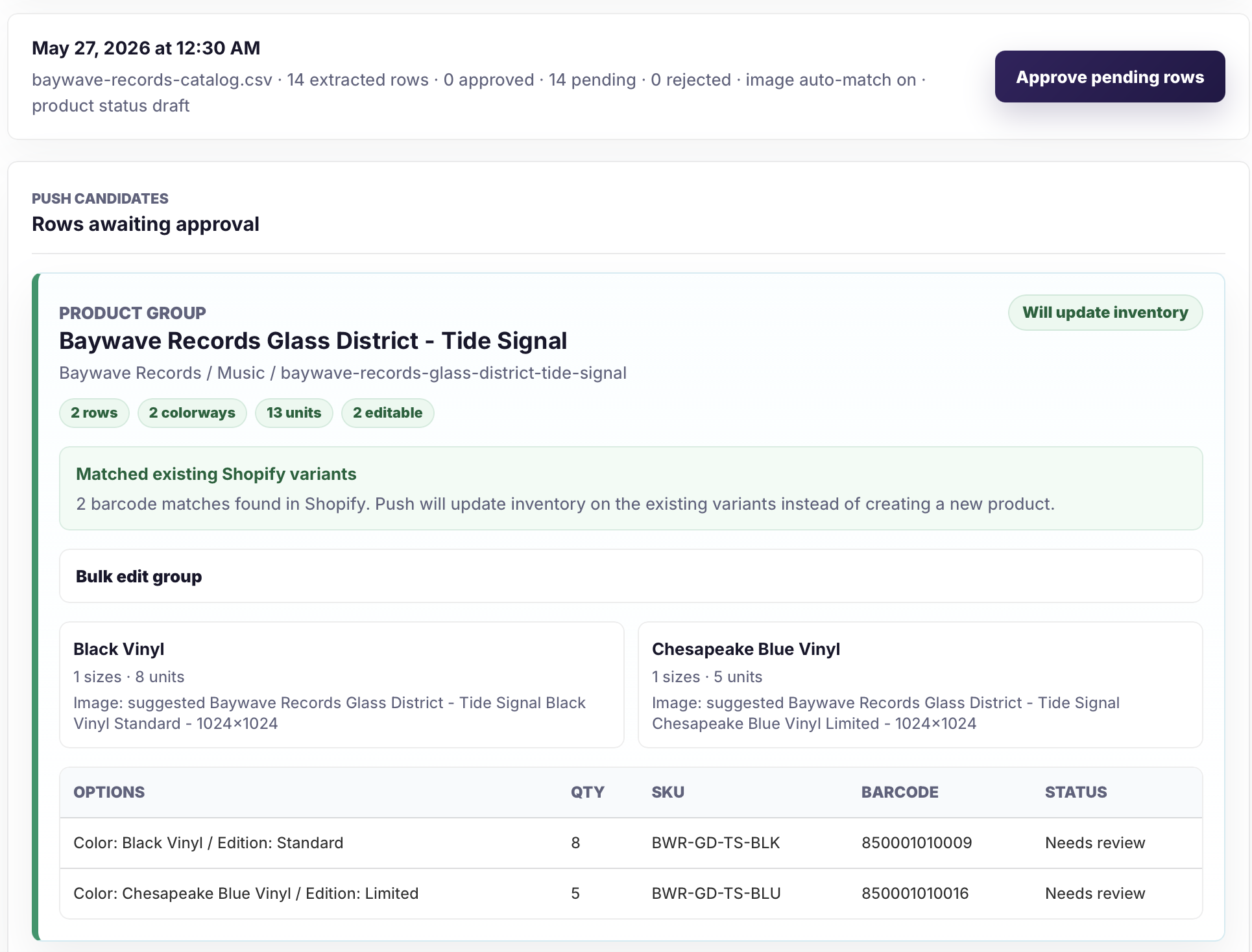 Catalog Intake review screen showing grouped product rows and existing Shopify variant matches.