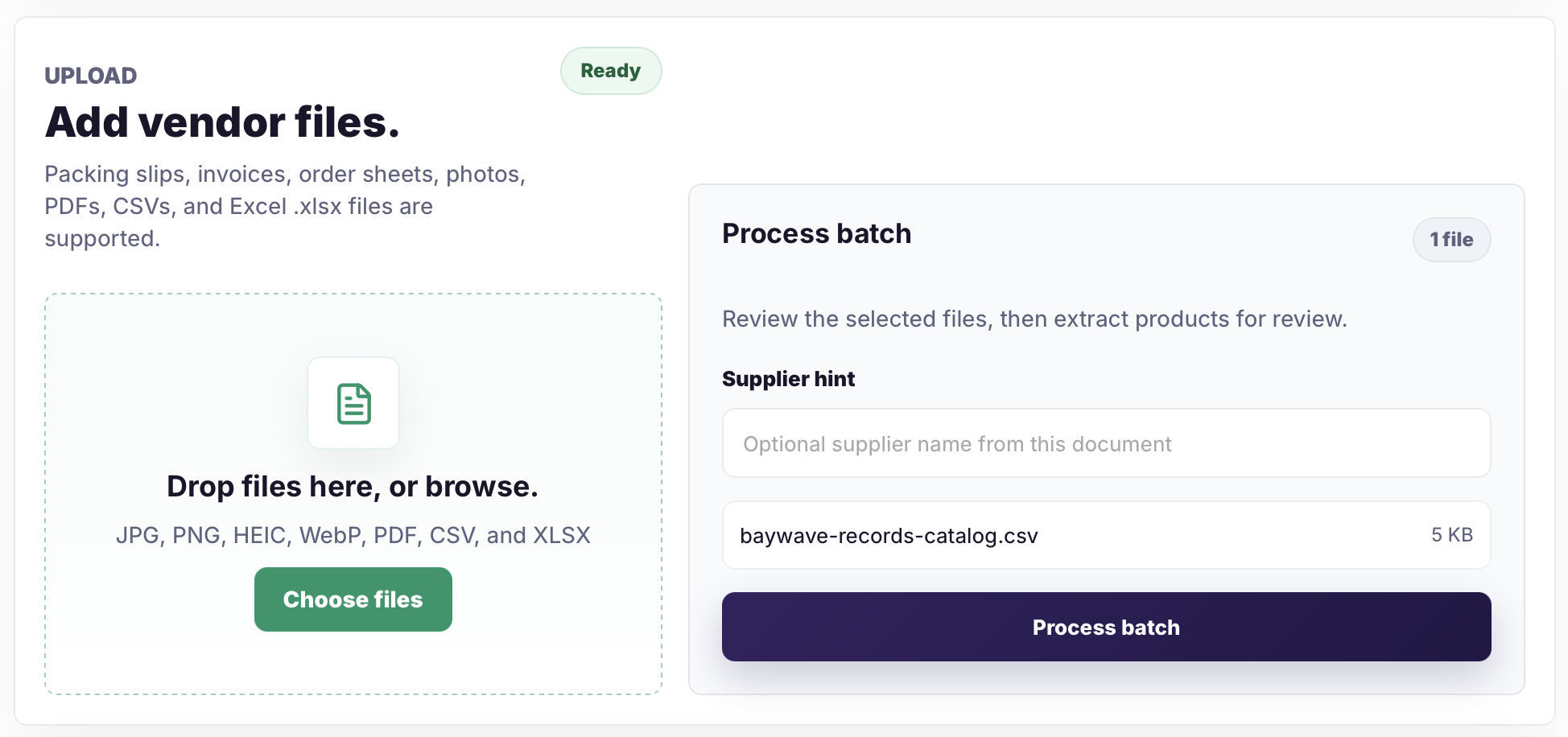 Catalog Intake upload screen with baywave-records-catalog.csv selected for processing.